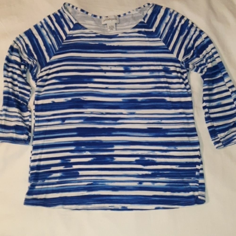 Peck & Peck Boat Neck‎ Striped ¾ Sleeve Shirt Large